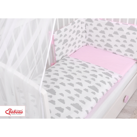 Double-sided bedding set 5-pcs with mosquito-net - clouds gray/pink