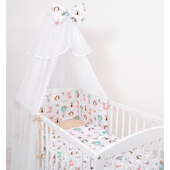 Double-sided bedding set 5-pcs with mosquito-net - foxes beige/beige