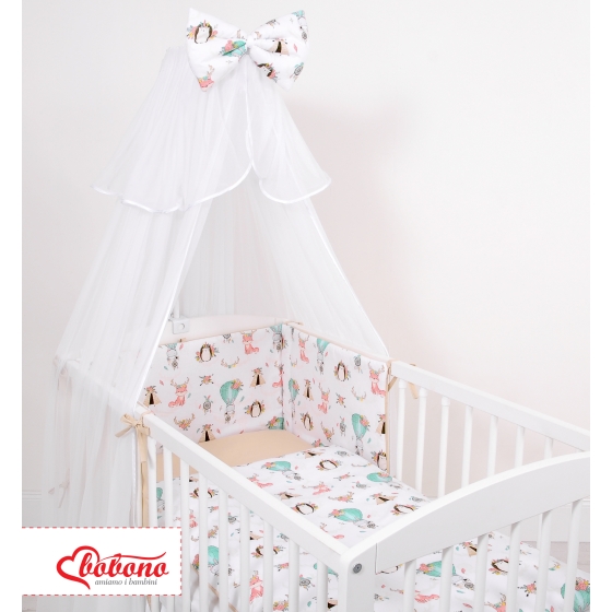 Double-sided bedding set 5-pcs with mosquito-net - foxes beige/beige