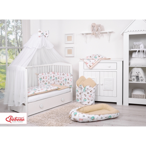 Double-sided bedding set 5-pcs with mosquito-net - foxes beige/beige