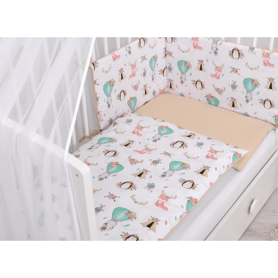 Double-sided bedding set 5-pcs with mosquito-net - foxes beige/beige