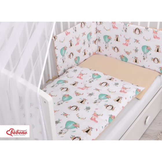 Double-sided bedding set 5-pcs with mosquito-net - foxes beige/beige