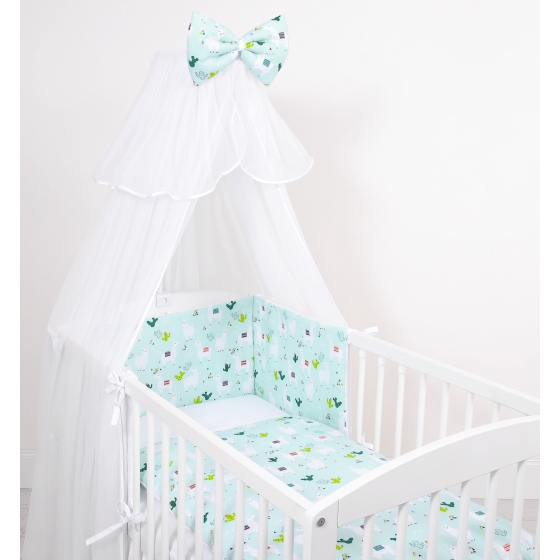 Double-sided bedding set 5-pcs with mosquito-net - lama mint/white