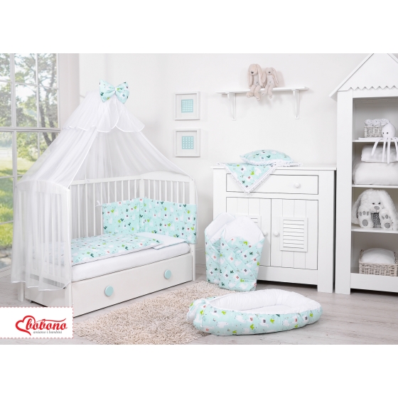 Double-sided bedding set 5-pcs with mosquito-net - lama mint/white