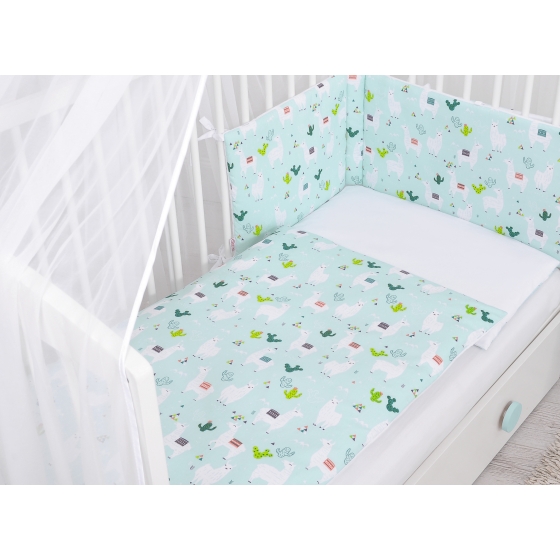 Double-sided bedding set 5-pcs with mosquito-net - lama mint/white