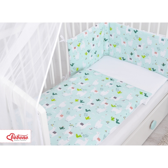 Double-sided bedding set 5-pcs with mosquito-net - lama mint/white
