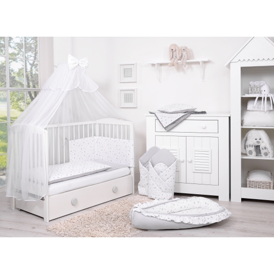 Double-sided bedding set 5-pcs with mosquito-net - mini gray stars/gray