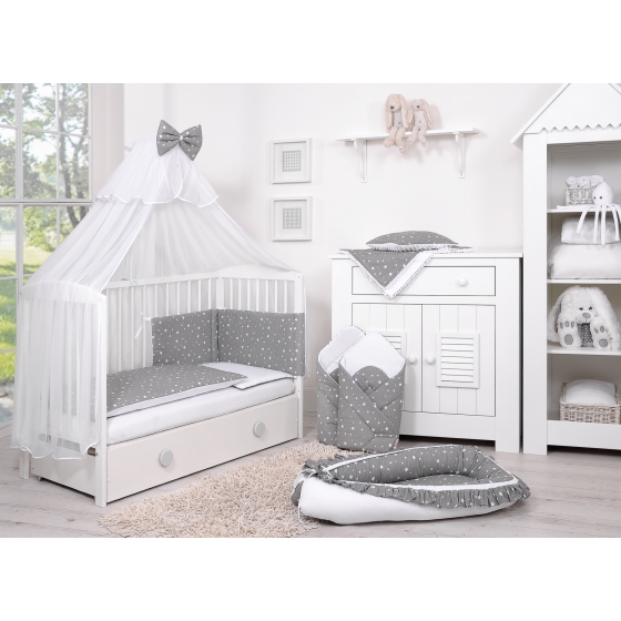 Double-sided bedding set 5-pcs with mosquito-net - mini stars white/white