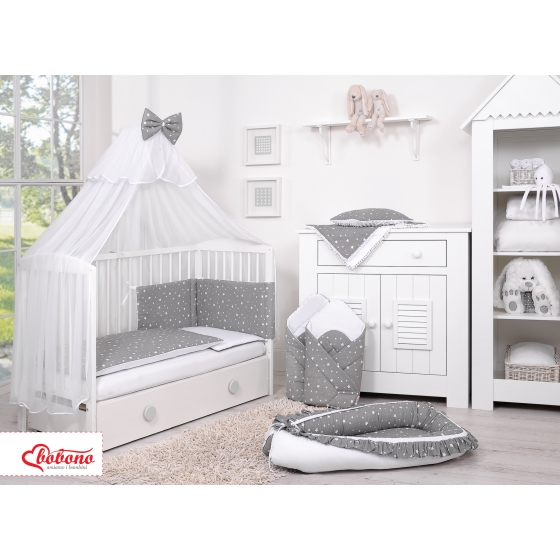 Double-sided bedding set 5-pcs with mosquito-net - mini stars white/white