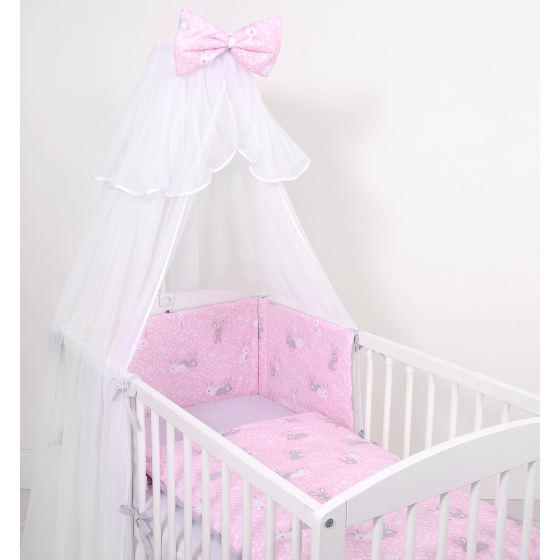 Double-sided bedding set 5-pcs with mosquito-net - pink rabbits/gray
