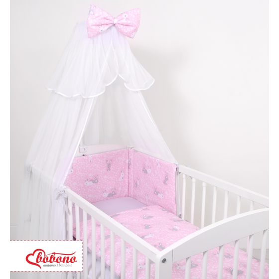 Double-sided bedding set 5-pcs with mosquito-net - pink rabbits/gray