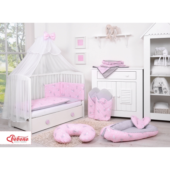 Double-sided bedding set 5-pcs with mosquito-net - pink rabbits/gray