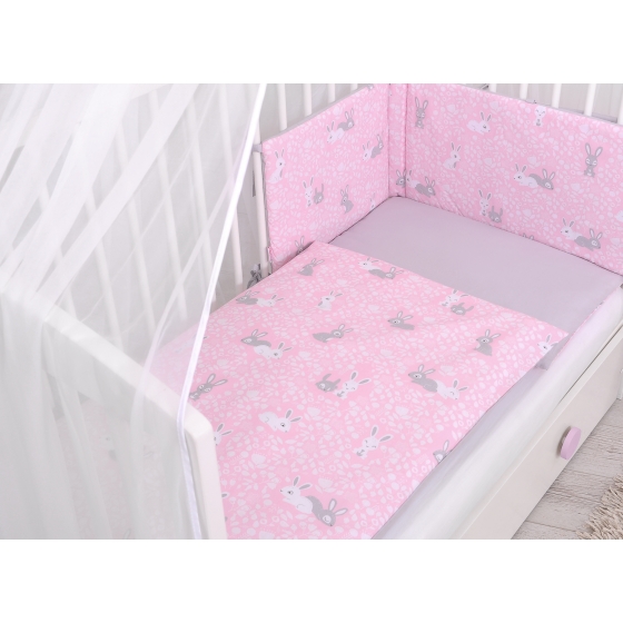 Double-sided bedding set 5-pcs with mosquito-net - pink rabbits/gray