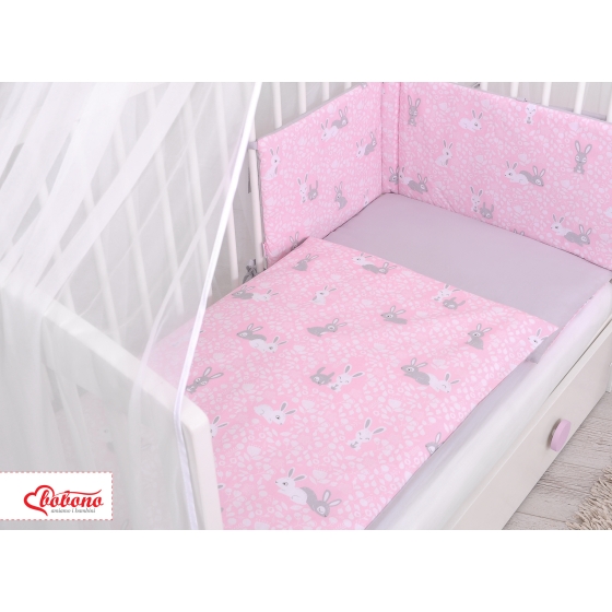 Double-sided bedding set 5-pcs with mosquito-net - pink rabbits/gray