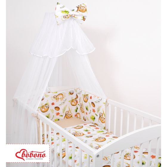 Double-sided bedding set 5-pcs with mosquito-net - sloths beige/beige