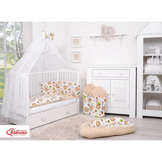 Double-sided bedding set 5-pcs with mosquito-net - sloths beige/beige