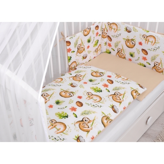 Double-sided bedding set 5-pcs with mosquito-net - sloths beige/beige