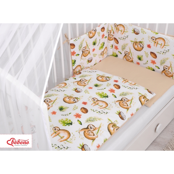 Double-sided bedding set 5-pcs with mosquito-net - sloths beige/beige