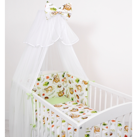 Double-sided bedding set 5-pcs with mosquito-net - sloths beige/green