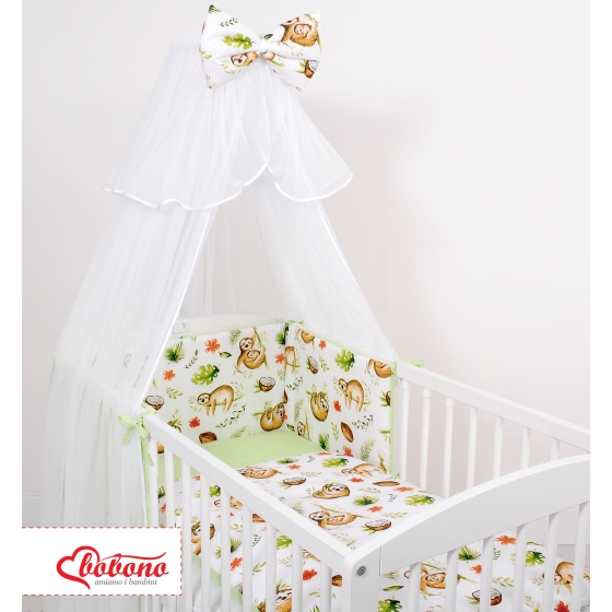 Double-sided bedding set 5-pcs with mosquito-net - sloths beige/green
