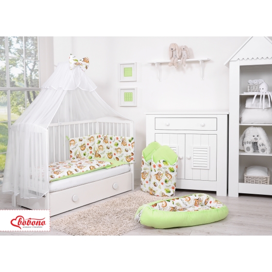 Double-sided bedding set 5-pcs with mosquito-net - sloths beige/green