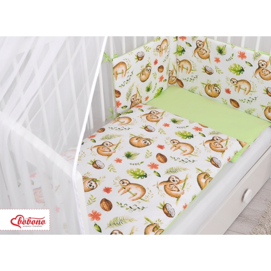 Double-sided bedding set 5-pcs with mosquito-net - sloths beige/green