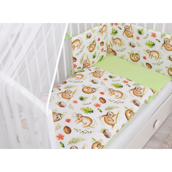Double-sided bedding set 5-pcs with mosquito-net - sloths beige/green