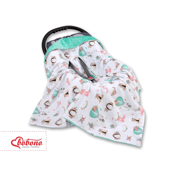 Double-sided car seat blanket - foxes beige/mint