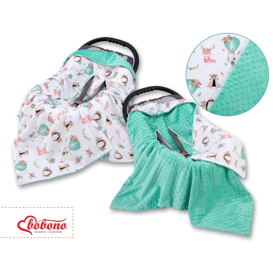 Double-sided car seat blanket - foxes beige/mint
