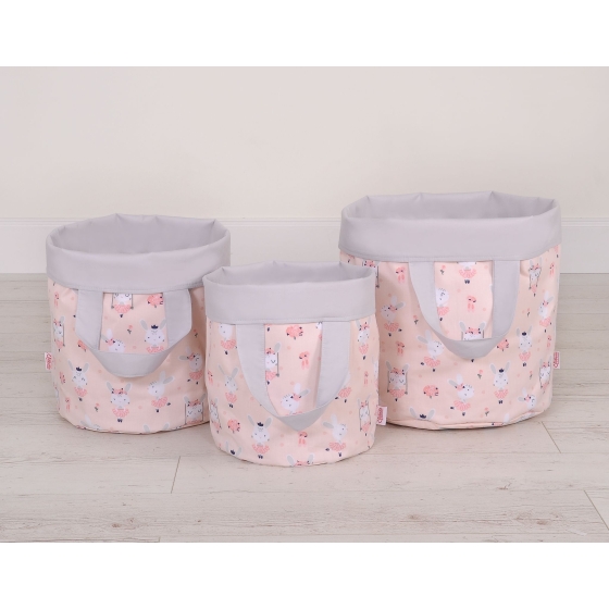 Double-sided toy basket L - ballerinas pink/gray
