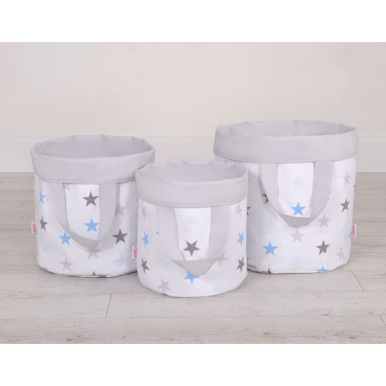 Double-sided toy basket L - stars blue-gray/gray