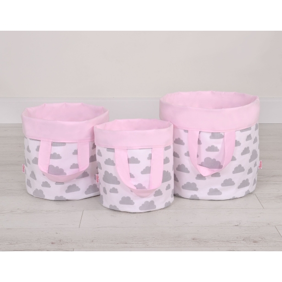 Double-sided toy basket M - clouds gray/pink