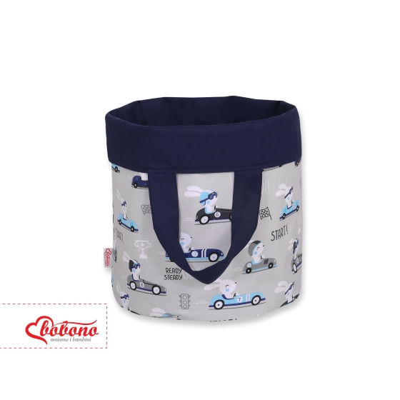 Double-sided toy basket M - gray rabbits/dark blue