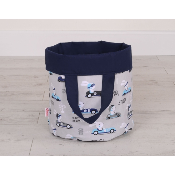 Double-sided toy basket M - gray rabbits/dark blue