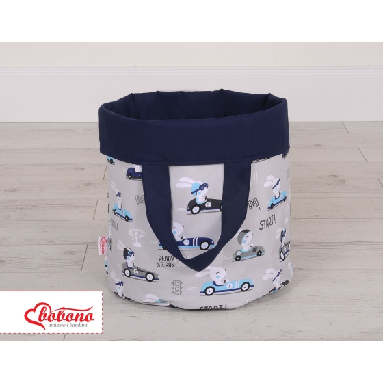 Double-sided toy basket M - gray rabbits/dark blue