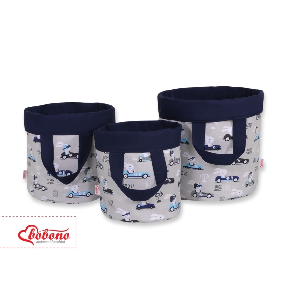 Double-sided toy basket M - gray rabbits/dark blue
