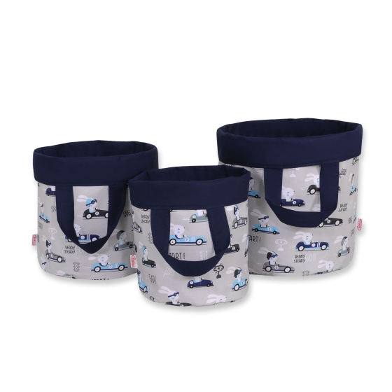 Double-sided toy basket M - gray rabbits/dark blue