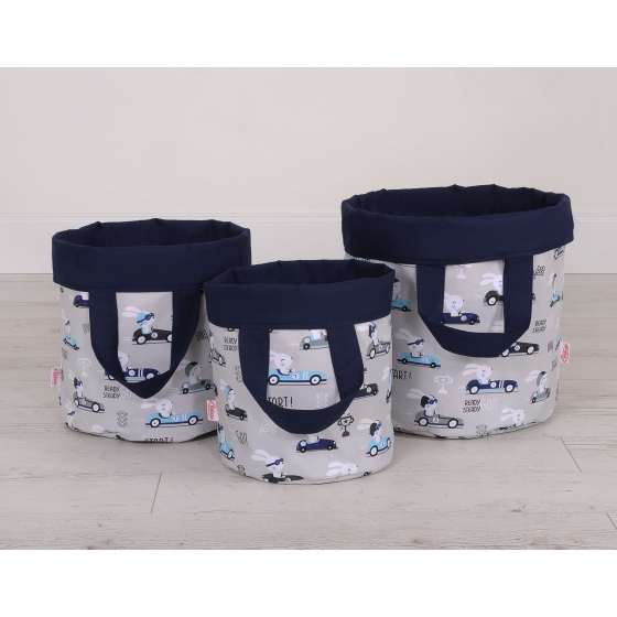 Double-sided toy basket M - gray rabbits/dark blue