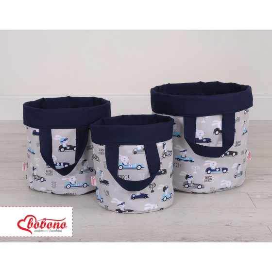 Double-sided toy basket M - gray rabbits/dark blue