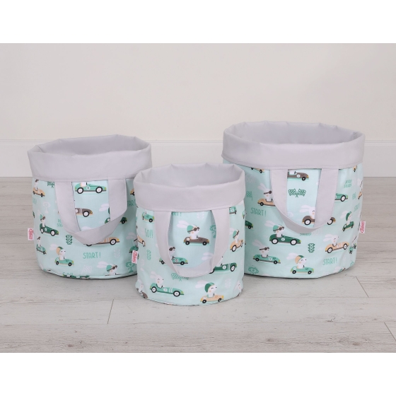 Double-sided toy basket M- mint rabbits/gray