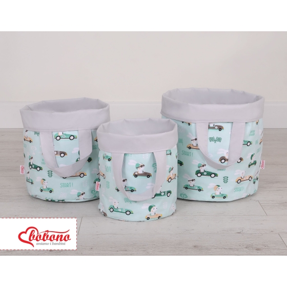 Double-sided toy basket M- mint rabbits/gray