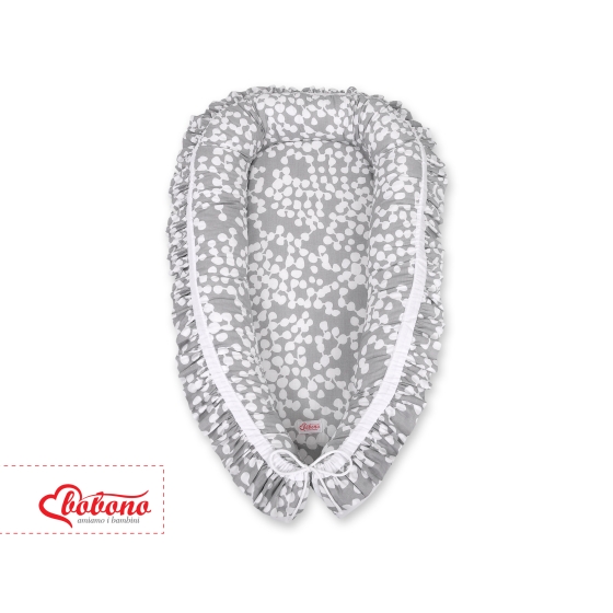 Doublesided Babynest with a ruffle - bubbles gray/white