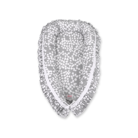 Doublesided Babynest with a ruffle - bubbles gray/white