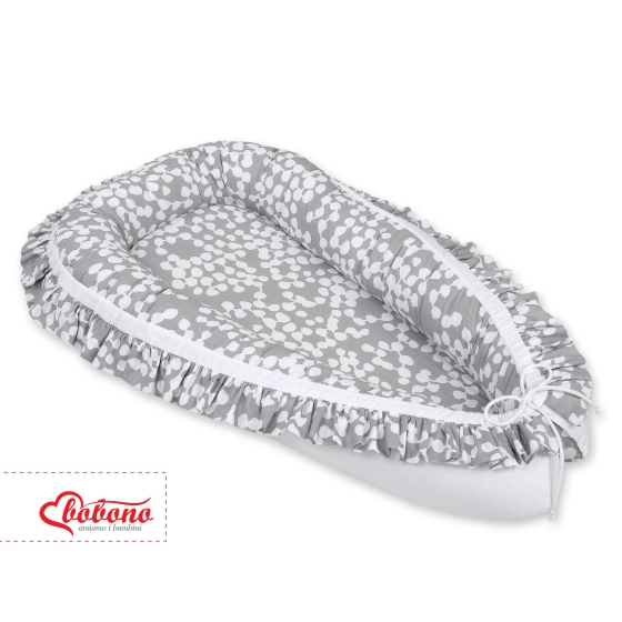 Doublesided Babynest with a ruffle - bubbles gray/white