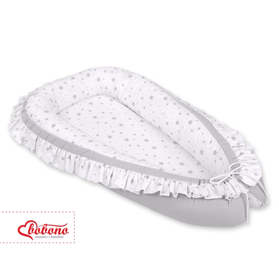 Doublesided Babynest with a ruffle - mini gray stars/gray