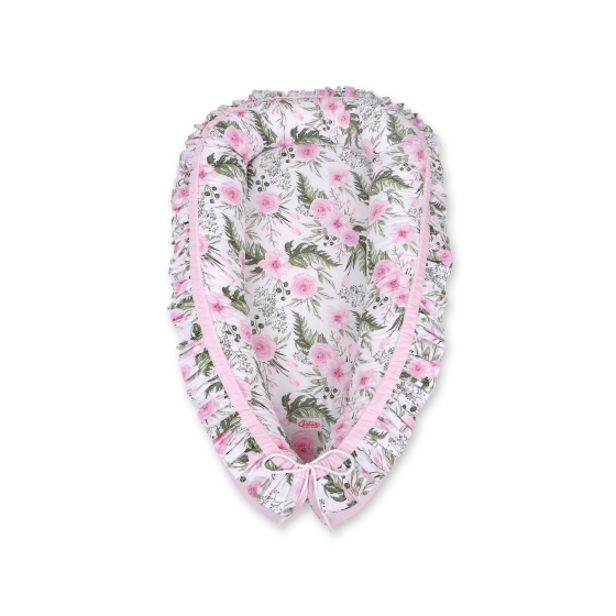 Doublesided Babynest with a ruffle - peony flower pink/pink