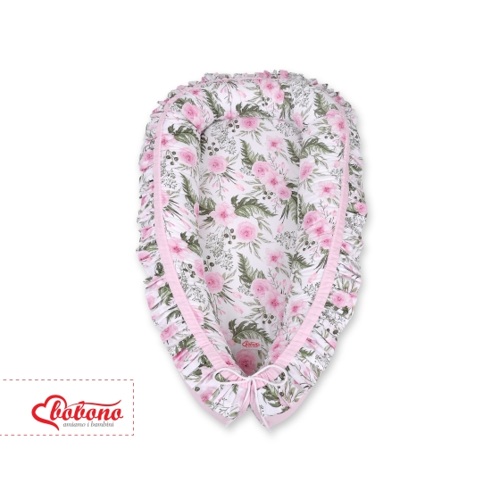 Doublesided Babynest with a ruffle - peony flower pink/pink
