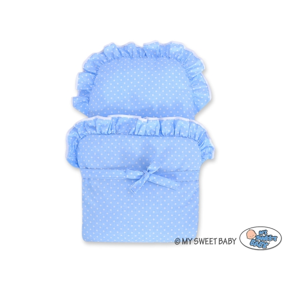 Gray Wicker Doll Pram Carriage Bedding Set White Dots on Blue