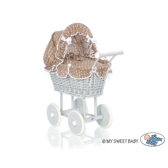 Gray Wicker Doll Pram Carriage Bedding Set White Dots on Brown