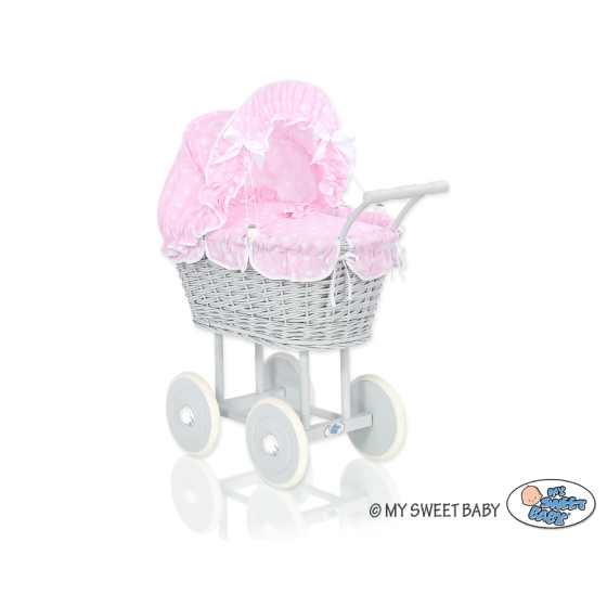 Gray Wicker Doll Pram Carriage Bedding Set White Dots on Pink
